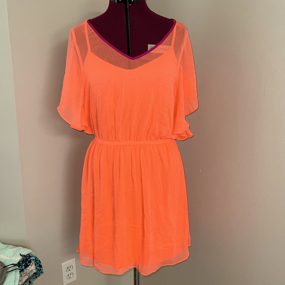 Express Neon Coral Orange Flutter Sleeve Dress